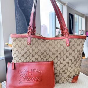 ✨ Gucci GG Canvas Tote Bordeaux Red (ish) Leather Tote withPouch (fits laptop)